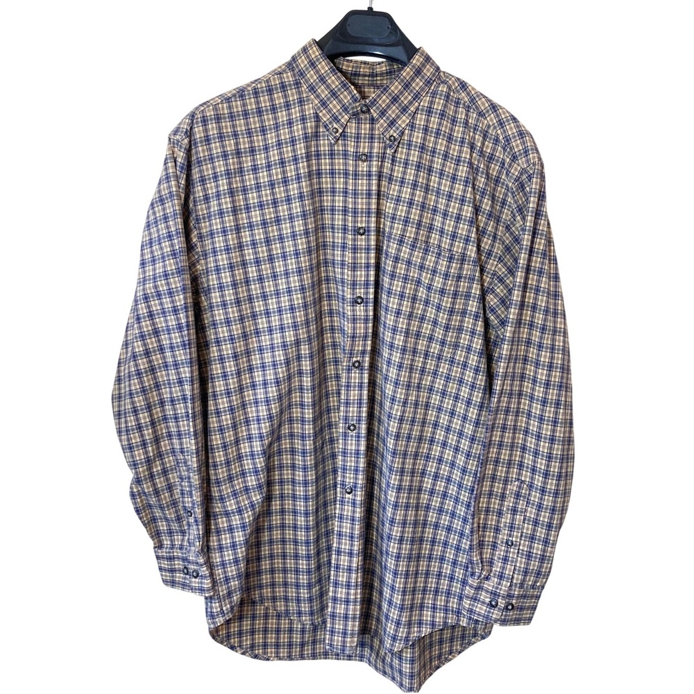 IZOD Shirt Mens Large Blue Tan Plaid Button Down Shirt Long Sleeve Cotton Preppy